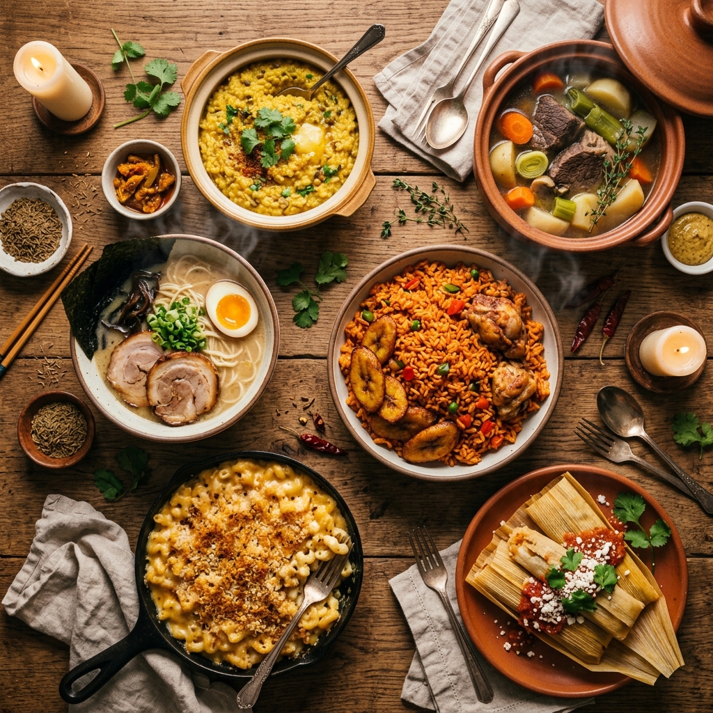 An overhead view of a rustic wooden table filled with comfort foods from around the world — steaming ramen, golden mac and cheese, fragrant khichdi, hearty pot-au-feu, vibrant jollof rice, and hand-wrapped tamales, all bathed in warm candlelight