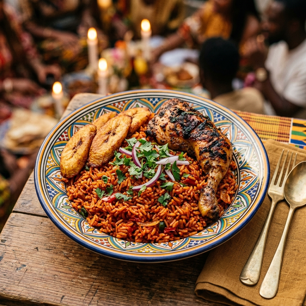 A vibrant plate of West African jollof rice with rich tomato-red color, garnished with fried plantains, grilled chicken, and fresh herbs, served on a colorful traditional plate