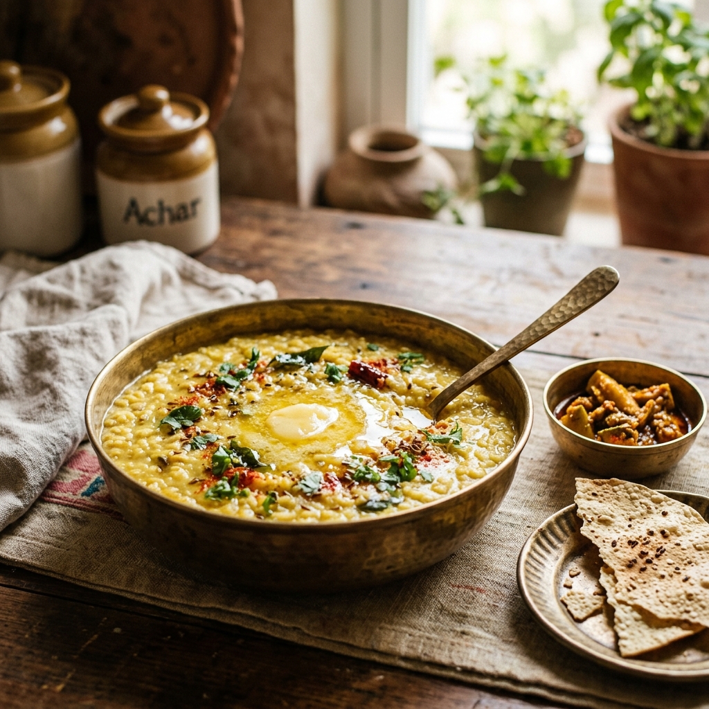 A comforting bowl of golden Indian khichdi — rice and lentil porridge with a dollop of ghee melting on top, served in a traditional brass bowl with pickle and papad on the side, in a warm homey kitchen