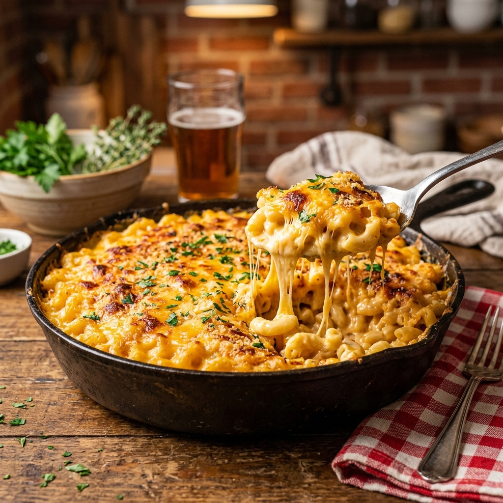 A generous serving of creamy American mac and cheese in a cast iron skillet with a golden bubbly crust, a spoon scooping out stretchy melted cheese, on a rustic kitchen counter with a checkered napkin