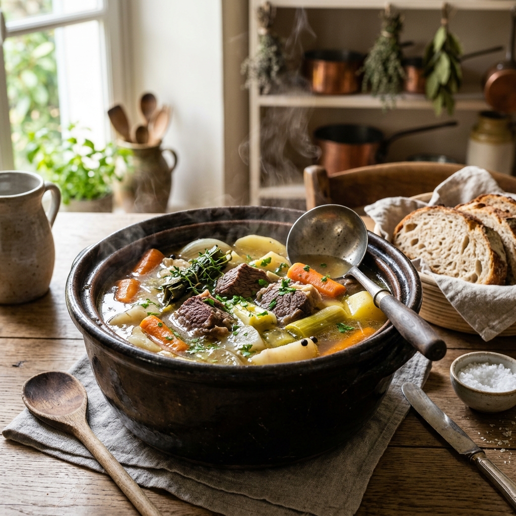 A rustic French pot-au-feu in a heavy ceramic pot with tender beef, carrots, leeks, turnips, and potatoes in a golden broth, set in a French country kitchen with linen napkin and crusty bread