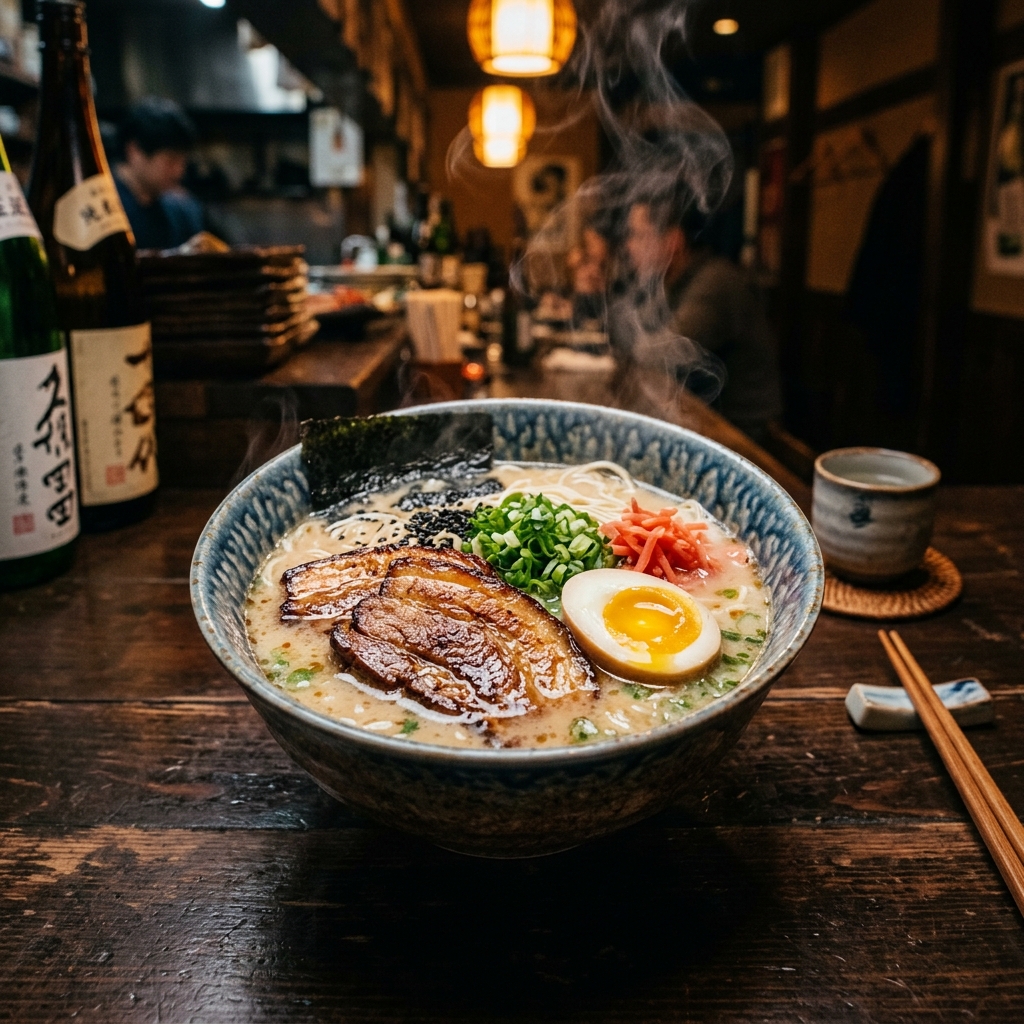 A steaming bowl of tonkotsu ramen with chashu pork, soft-boiled egg, green onions, and nori in a rich milky broth, served on a dark wooden counter in a moody Japanese izakaya