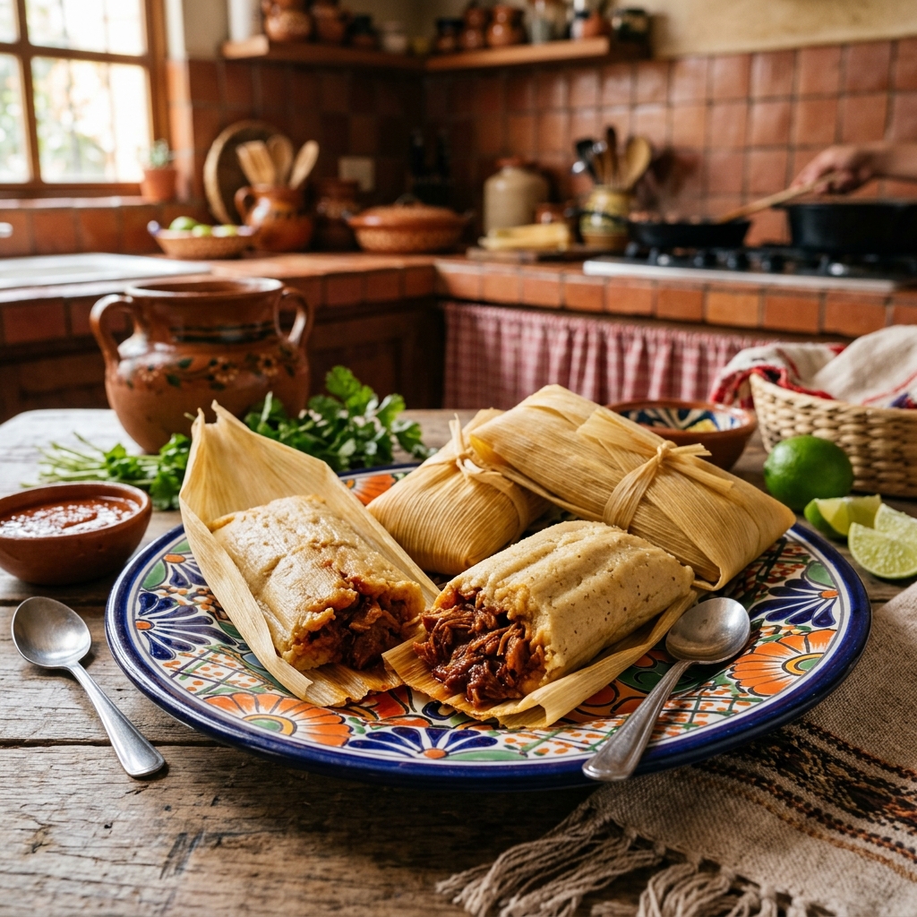 Traditional Mexican tamales unwrapped from corn husks showing soft masa filled with red chile pork, on a hand-painted Talavera plate, in a warm Mexican kitchen with terracotta tiles